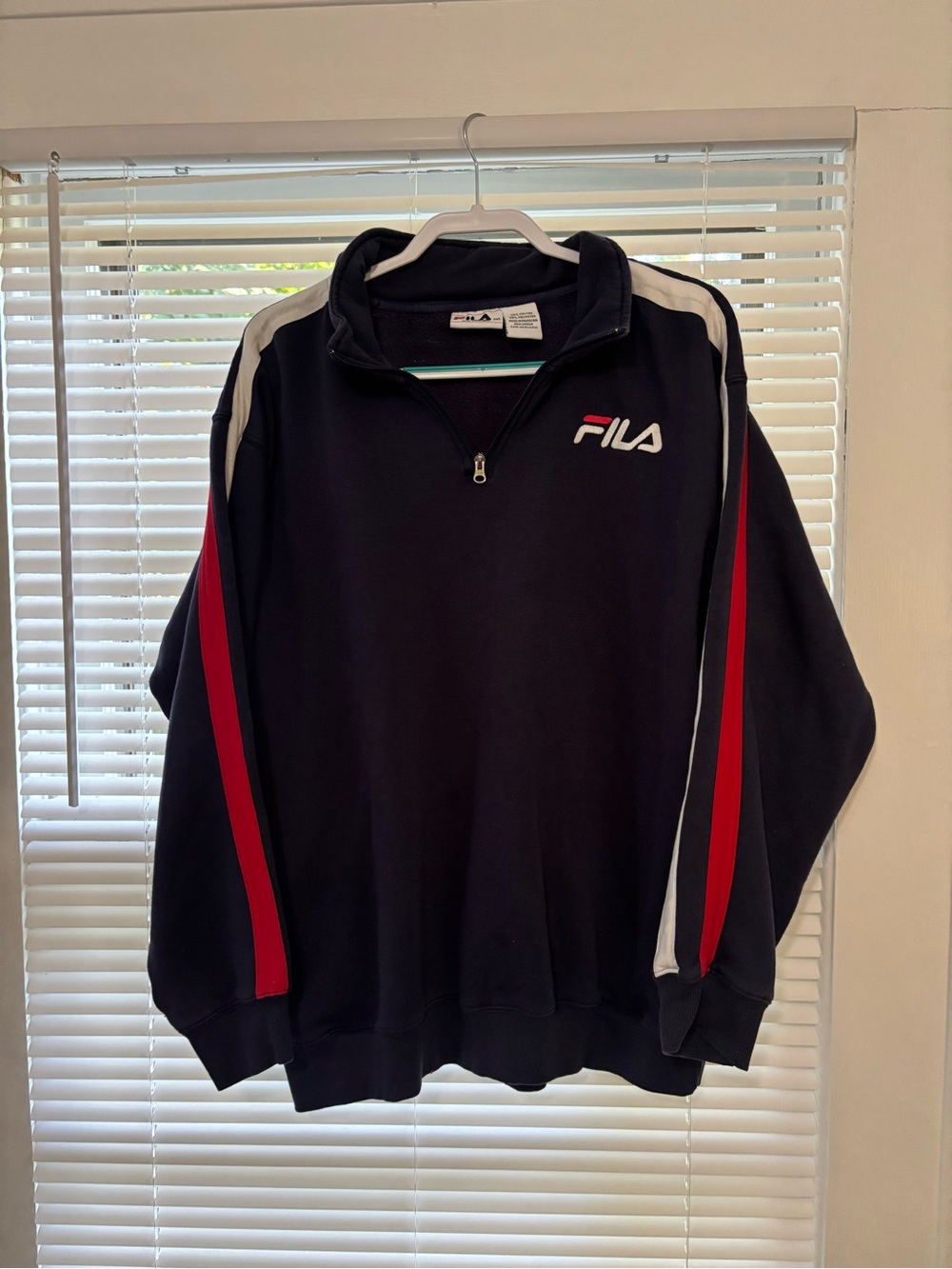 Vintage FILA Men’s Navy Half-Zip Pullover with Red & White Stripe Detail